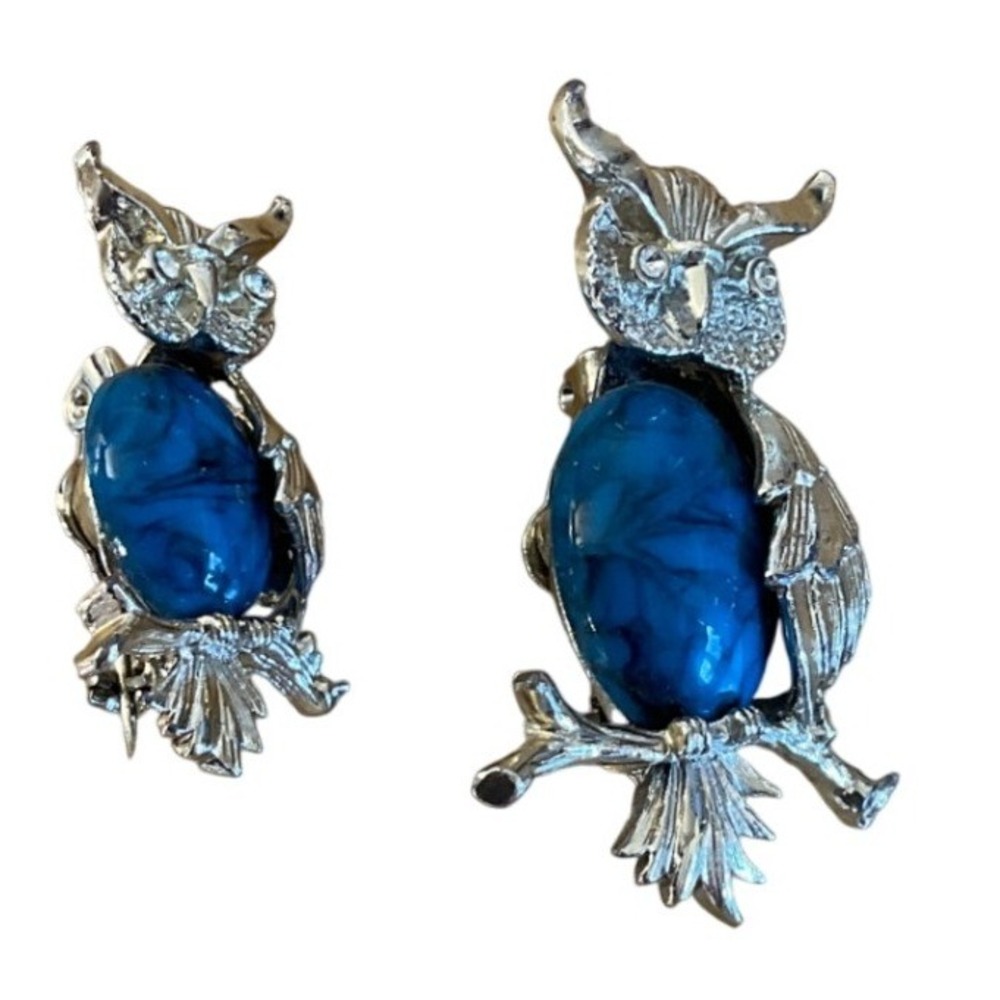 Vintage Gerrys Owl Pin Set Blue Art Glass Silver Tone Retro Mid Century Figural